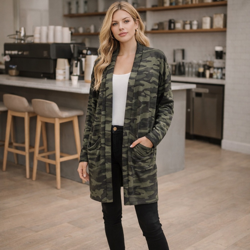 Sanctuary Camo Open Front Cardigan XL Green Camouflage Pocket Duster Jacket